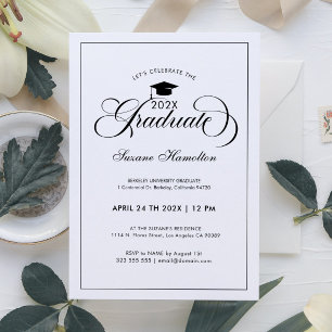 Graduate Elegant Black White Script Typography Invitation