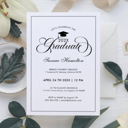 Graduate Elegant Black White Script Typography Invitation