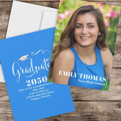 Graduate Elegant Calligraphy Script Blue Photo Invitation