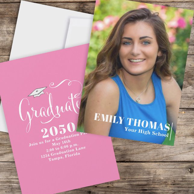 Graduate Elegant Calligraphy Script Pink Photo  Invitation (Creator Uploaded)