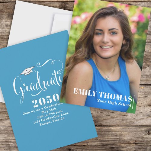 Graduate Elegant Calligraphy Script Teal Photo Invitation