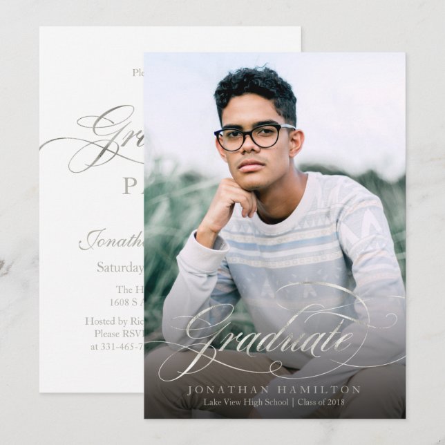 Graduate Elegant Foil Silver Script Grad Party Invitation (Front/Back)