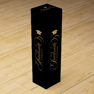 Graduate Elegant Gold Black Script Typography Wine Box