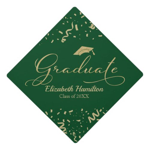 Graduate Elegant Gold Foil Calligraphy On Green Graduation Cap Topper