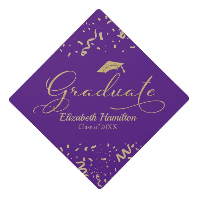 Graduate Elegant Gold Foil Calligraphy On Purple Graduation Cap Topper (Front)