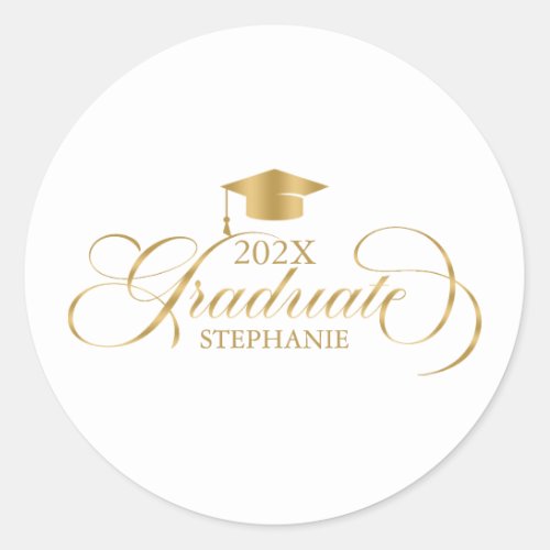 Graduate Elegant Gold Script Typography Classic Round Sticker