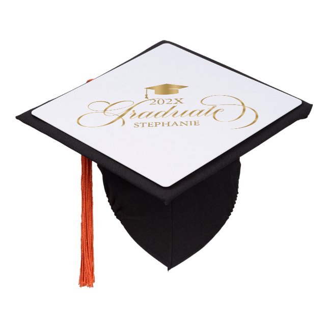 Graduate Elegant Gold Script Typography Graduation Cap Topper (Angled)