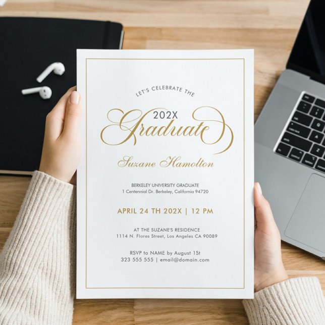Graduate Elegant Gold White Gray Script Typography Invitation (Creator Uploaded)