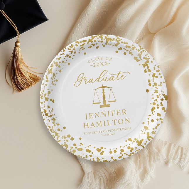 Graduate Elegant Gold White Law School Graduation Paper Plates (Creator Uploaded)