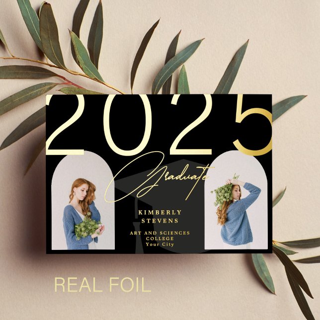 Graduate elegant minimalist custom 2 photos foil invitation (Creator Uploaded)