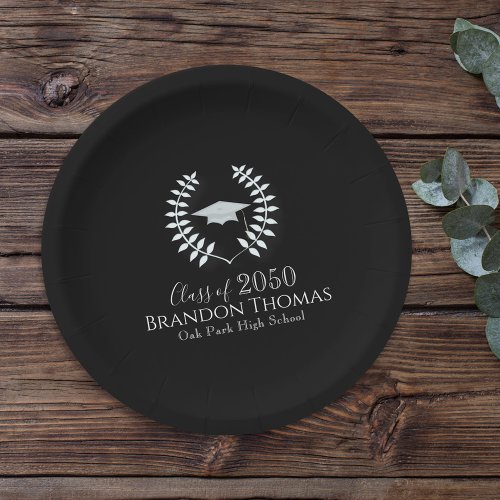 Graduate Elegant Modern Script Class Of Black Paper Plates