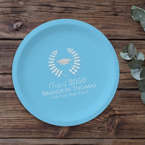 Graduate Elegant Modern Script Class Of Blue Paper Plates