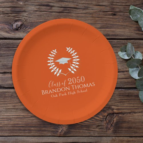 Graduate Elegant Modern Script Class Of Orange Paper Plates