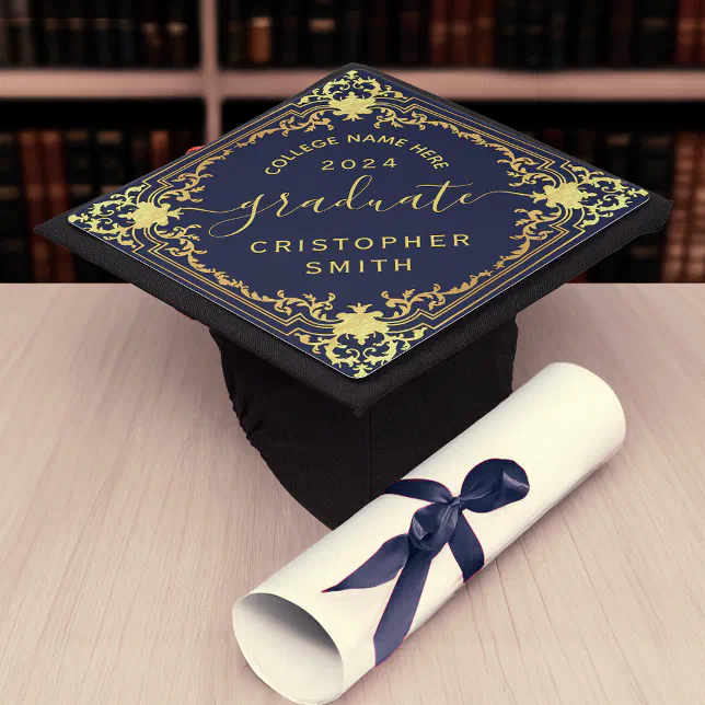 Graduate Elegant Navy Blue Faux Gold Foil Vintage Graduation Cap Topper ...