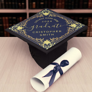 Graduate Elegant Navy Blue Faux Gold Foil Vintage Graduation Cap Topper