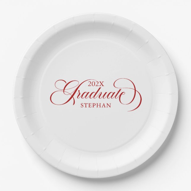 Graduate Elegant Red Script Typography Paper Plates (Front)