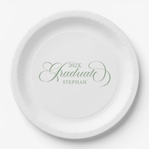Graduate Elegant Sage Green Script Typography Paper Plates