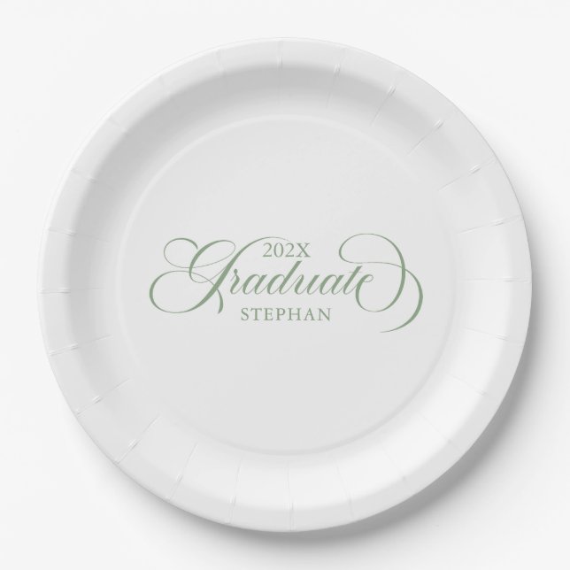 Graduate Elegant Sage Green Script Typography Paper Plates (Front)