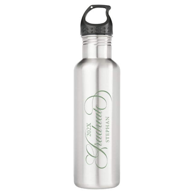 Graduate Elegant Sage Green Script Typography Stainless Steel Water Bottle (Front)