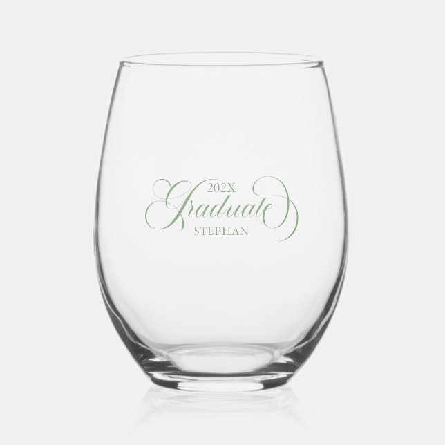Graduate Elegant Sage Green Script Typography Stemless Wine Glass (Front)