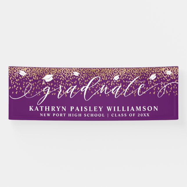 Graduate Elegant Script Gold Confetti Graduation Banner (Horizontal)