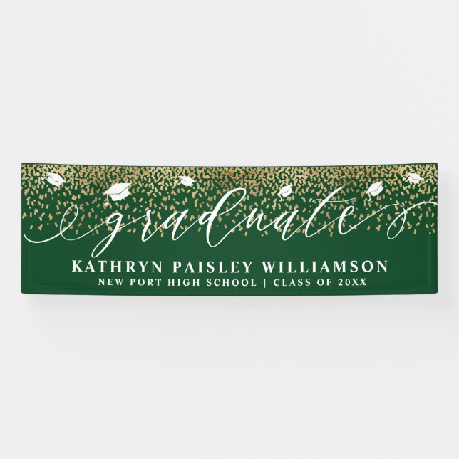 Graduate Elegant Script Gold Confetti Graduation Banner (Horizontal)