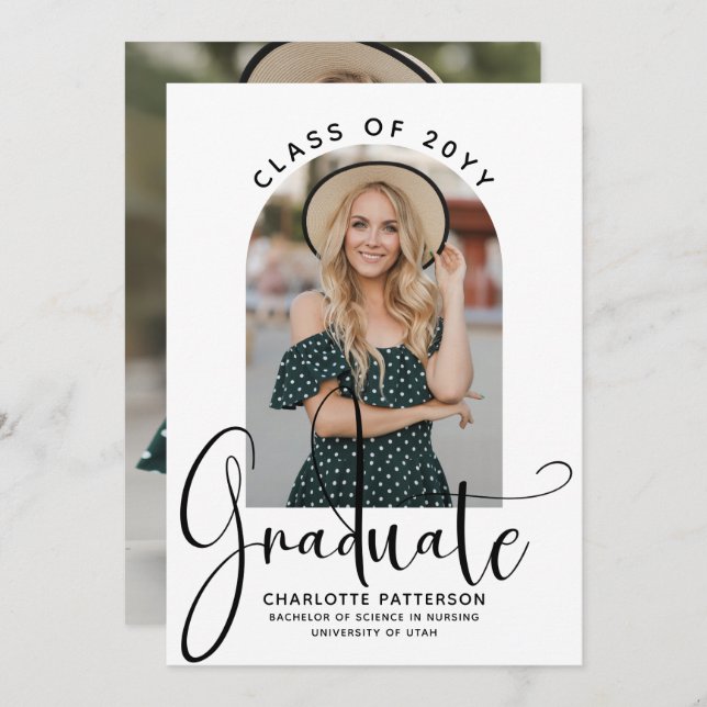 Graduate Elegant Script Graduation Arch Photo Invitation (Front/Back)
