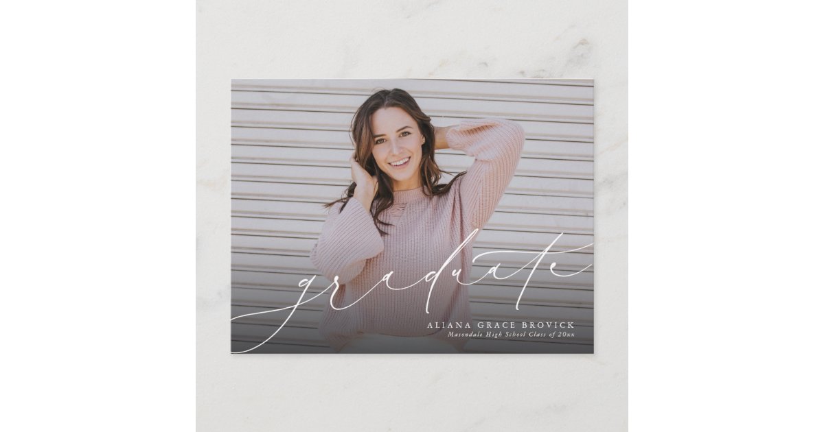 Graduate elegant script horizontal graduation invitation postcard | Zazzle