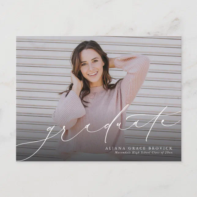 Graduate elegant script horizontal graduation invitation postcard | Zazzle