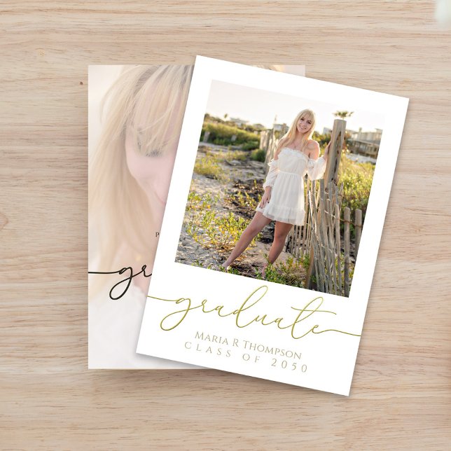 Graduate Elegant Typography Photo Gold Script Announcement (Graduation photo invitation announcement with gradient gold calligraphy. )