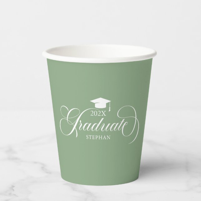Graduate Elegant White Green Script Typography Paper Cups (Front)