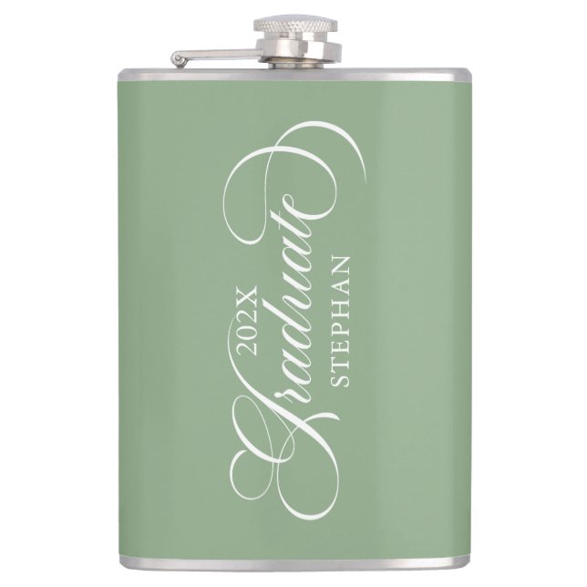 Graduate Elegant White On Green Script Typography Flask (Front)