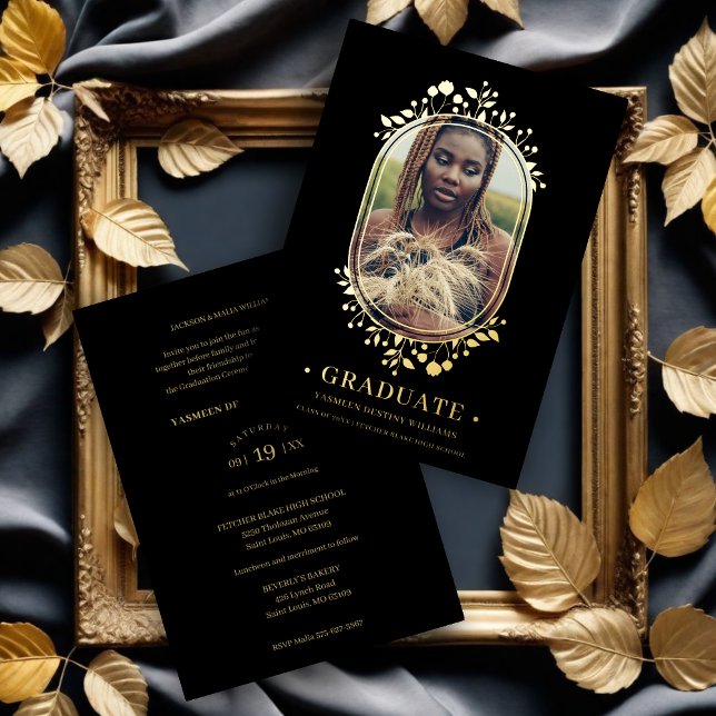 Graduate Fancy Botanical Oval Frame Golden effect Foil Invitation (Graduate Fancy Botanical Oval Frame Golden effect Real Metallic Foil Invitation Card.)