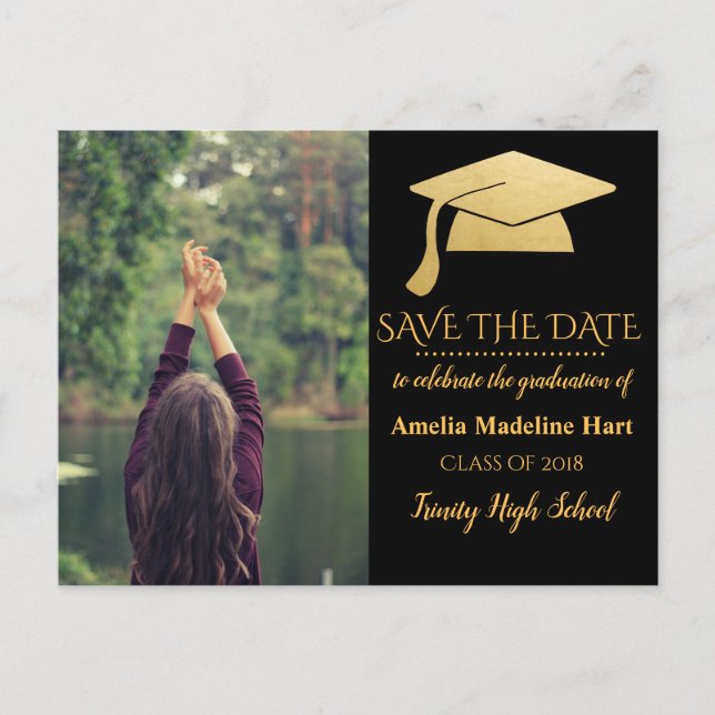 Graduate Faux Gold Foil Hat | Save The Date Photo Postcard (Front)