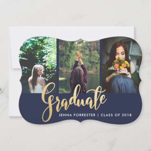 Graduate Faux Gold Foil Script Photo  Navy Blue Invitation