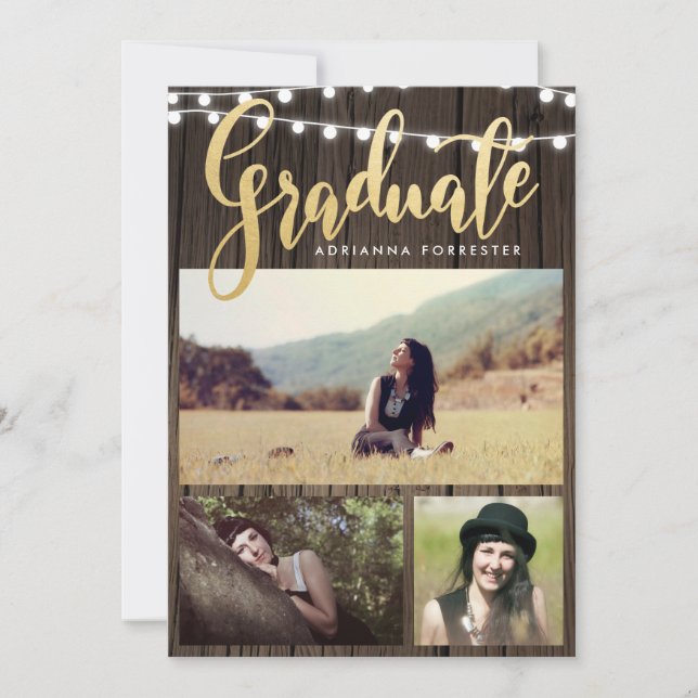 Graduate Faux Gold Foil | String Lights Photo Invitation (Front)