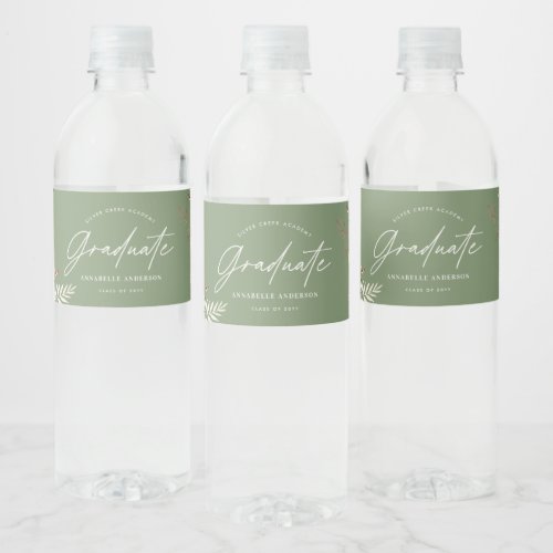 Graduate favor pampas eucalyptus elegant green water bottle label