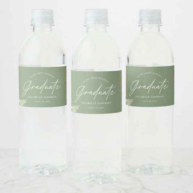 Graduate favor pampas eucalyptus elegant green water bottle label (Bottles)