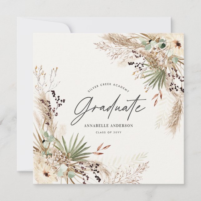 Graduate favor pampas eucalyptus elegant script invitation (Front)