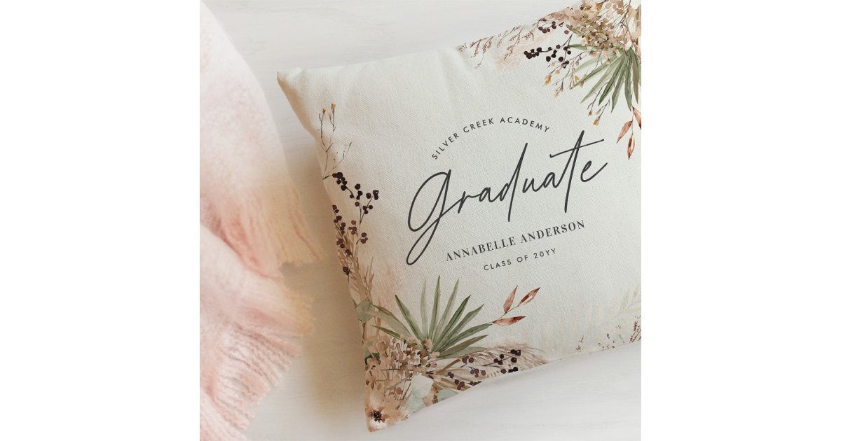 Graduate favor pampas eucalyptus elegant script throw pillow | Zazzle