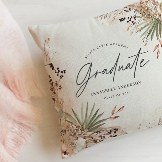 Graduate favor pampas eucalyptus elegant script throw pillow (Creator Uploaded)