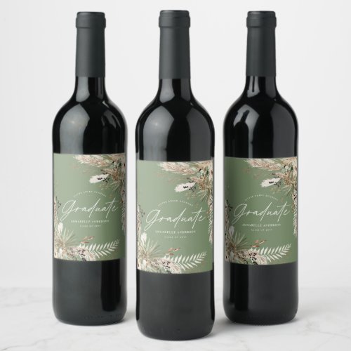 Graduate favor pampas eucalyptus floral sage green wine label