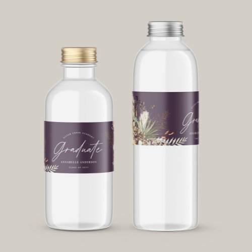 Graduate favor pampas eucalyptus purple modern water bottle label