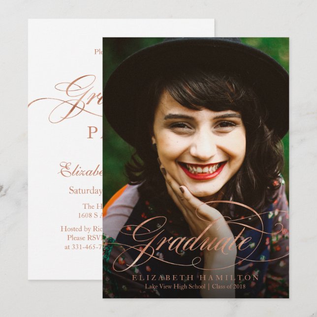 Graduate Foil Rose Gold Classy Script Photo Invitation (Front/Back)