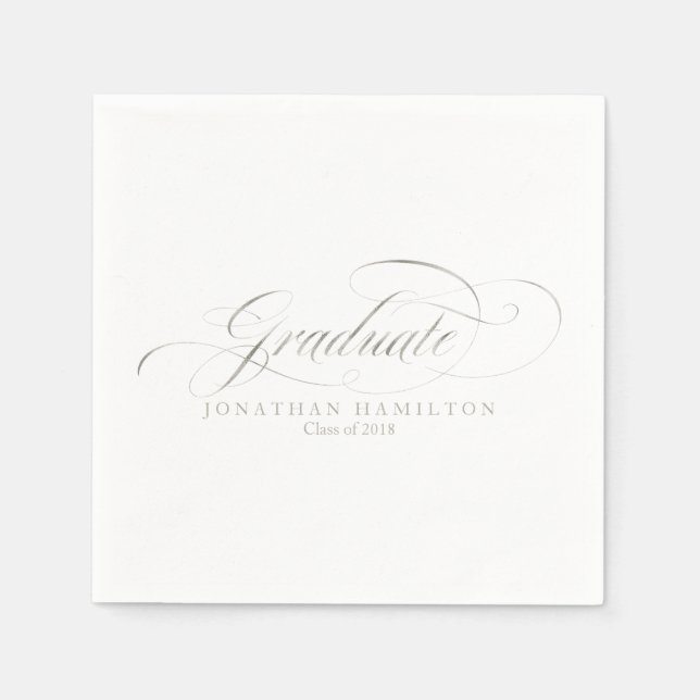 Graduate Foil Silver Fancy Calligraphy Graduation Paper Napkins (Front)