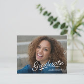 Graduate Full Photo Brush Script 2-Sided Party Invitation Postcard (Standing Front)