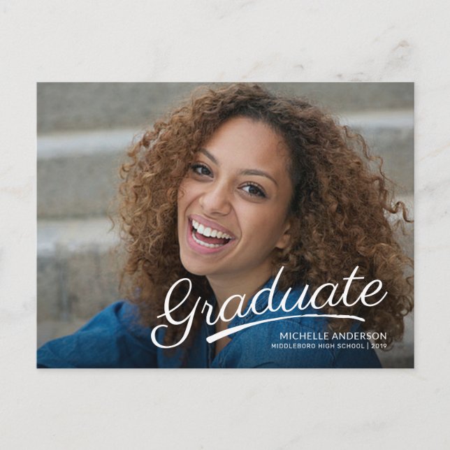 Graduate Full Photo Brush Script 2-Sided Party Invitation Postcard (Front)