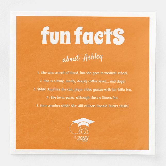 Graduate Fun Facts Class of Chic White Script Paper Dinner Napkins (Front)