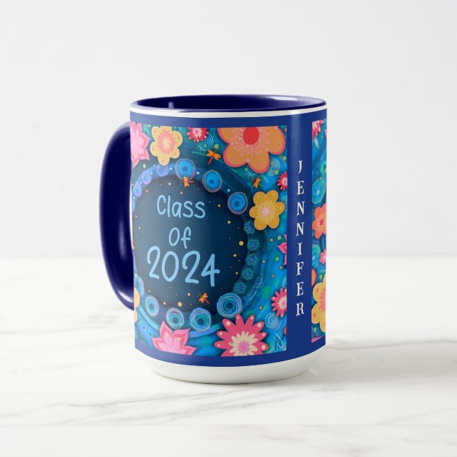 Graduate Fun Floral Name Year Girly Inspirivity Mug (Front Left)