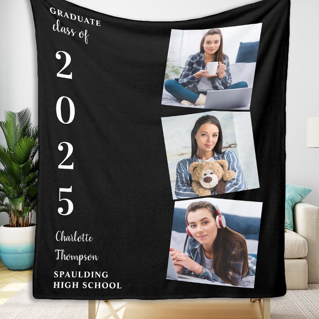 Graduate Gift Custom Modern 3 Photo Graduation Fleece Blanket (Creator Uploaded)